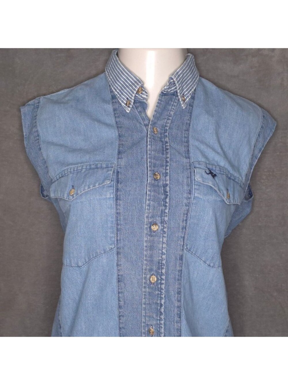 Vintage Lone Roo By Roper Womens Sleeveless Denim Western Shirt M Light Wash
